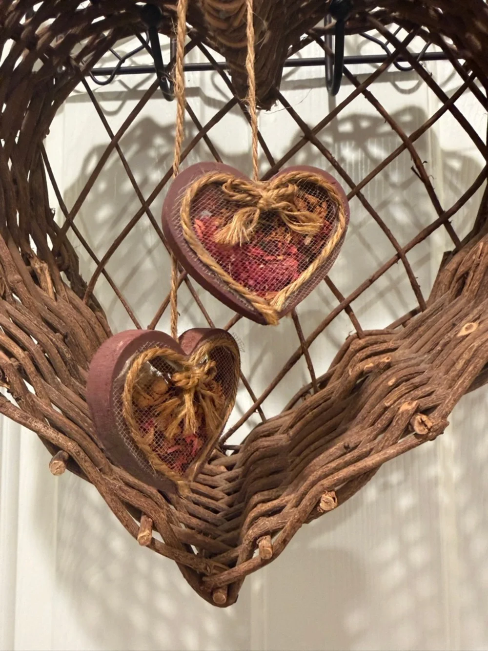 Woven Heart Wall Basket with Hanging Hearts grandmacore grannycore heart shelf